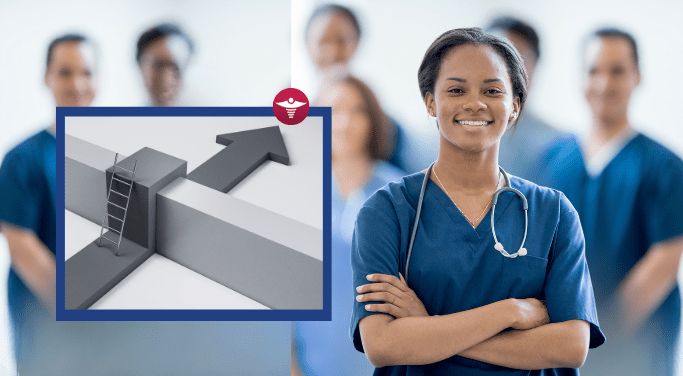 graphic of an arrow across a wall with a ladder providing access over the wall, smiling african-american female nurse with several nurses in the blurred background