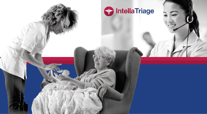 image of a woman nurse hands medication to an elderly woman sitting in a chair, with an image of a woman nurse who the home care provider is outsourcing after-hours triage services to via a headset, intellatriage logo
