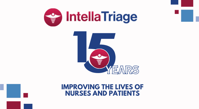 IntellaTriage logo with a stylized number fifteen that stands for fifteen years improving the lives of nurses and patients with After-Hours Triage