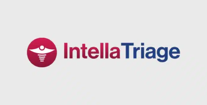 Red and blue lettering with a red and white icon for the IntellaTriage logo.
