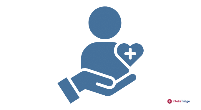 White background with a blue graphic of a hand holding a patient, featuring a heart and medical cross symbol, representing patient engagement, quality care, and healthcare support.