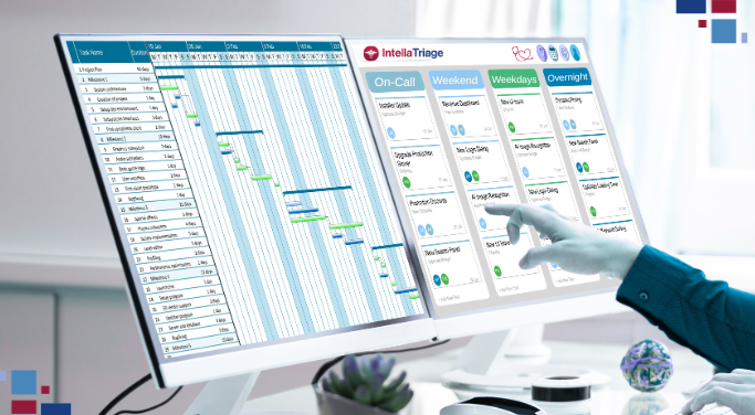 Two computer screens display nurse staffing schedules