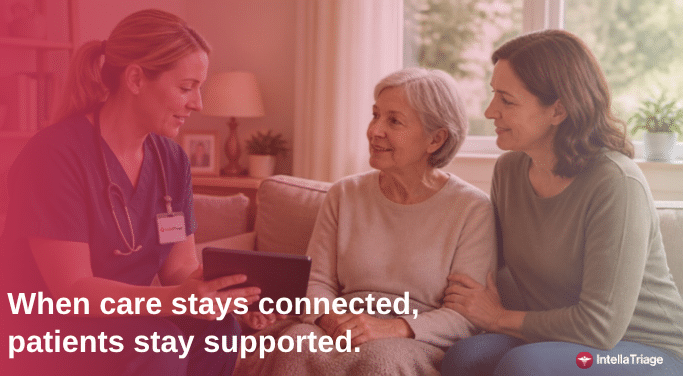 Licensed nurse speaking with a hospice patient and caregiver at home in between a proactive patient engagement calls.